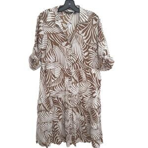 Mlle Gabrielle Khaki/White 100% cotton Leaf Patterned Button-Up Dress - XL NWT